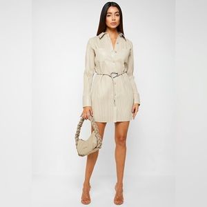 MANIERE DE VOIR VEGAN LEATHER PLEATED SHIRT DRESS STONE SZ US 8 or UK 12 NWT